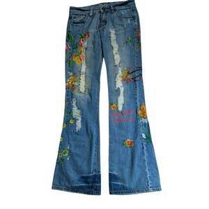 DO Denim‎ Y2K Boho Distressed Floral Embroidered Women's Flare Jeans Size 27